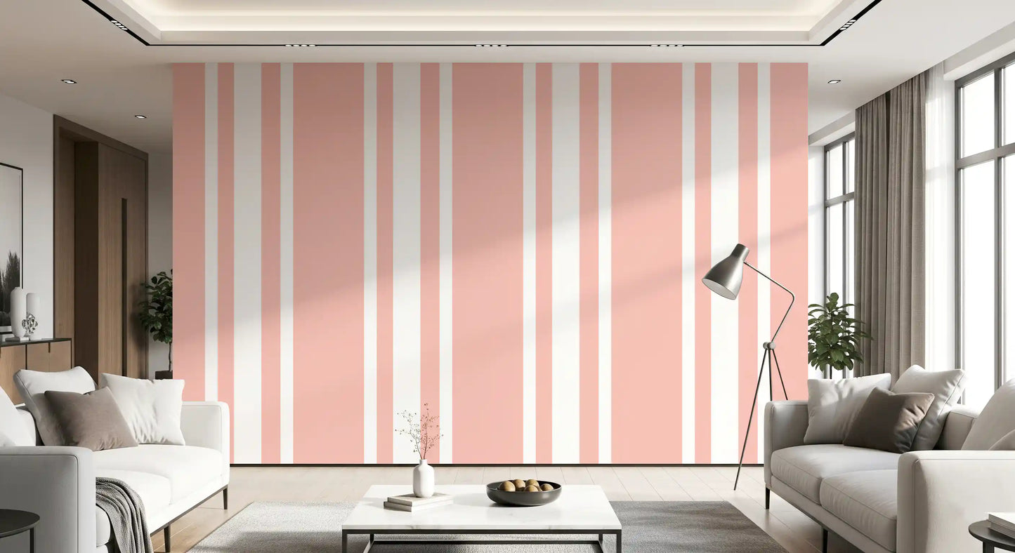 Living room featuring Pink Farmhouse Wallpaper with vertical stripe detail