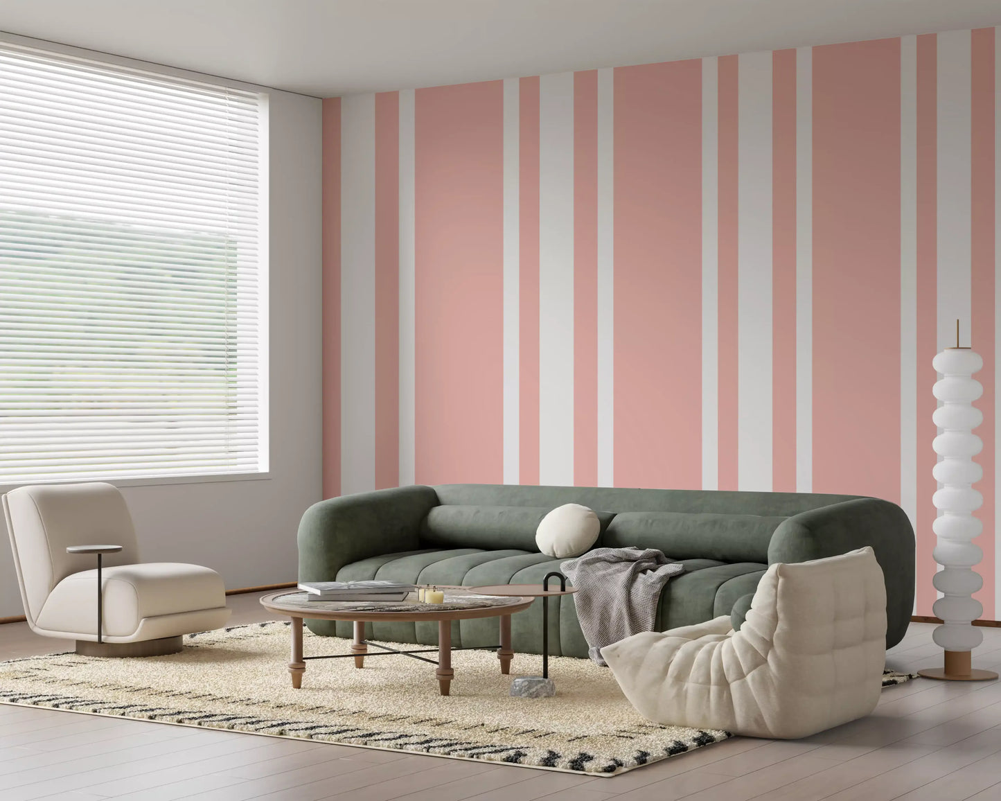 Living room with Blush Pink Farmhouse Wallpaper and ticking stripes