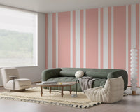 Living room with Blush Pink Farmhouse Wallpaper and ticking stripes