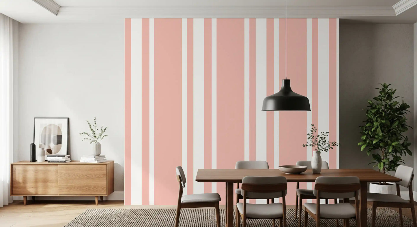 Clean Ticking Stripe Wallpaper in Blush Pink with soft warmth