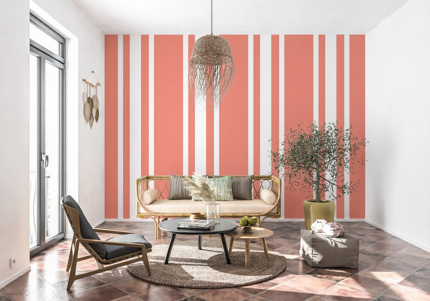 Hallway wallpaper showing Coral Ticking Wallpaper and stripe rhythm