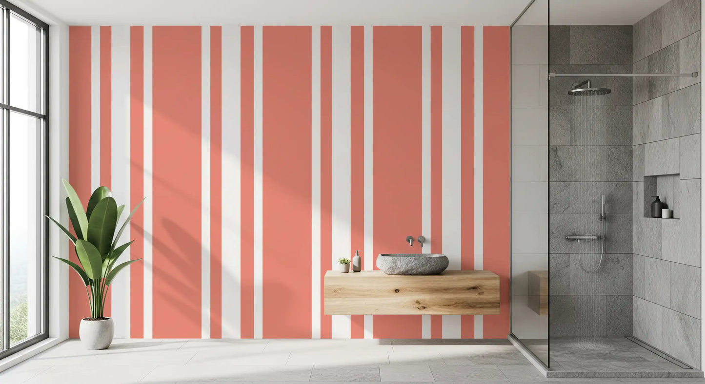 Modern coastal wallpaper with coral vertical bands and crisp spacing