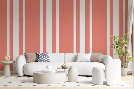 Living room featuring coral stripe wallpaper with coastal-inspired layout