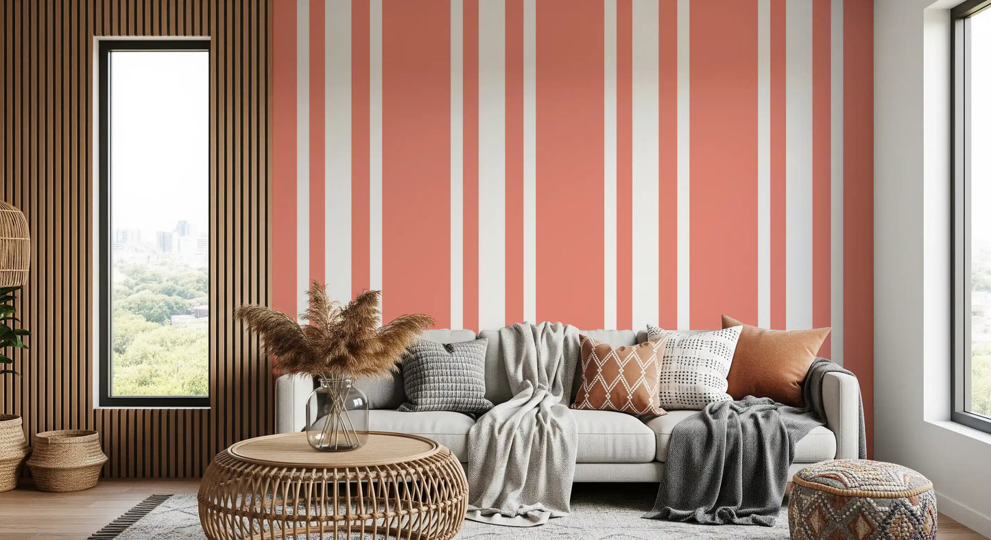 Decorative wallpaper using Coral Ticking Stripe and soft colour contrast