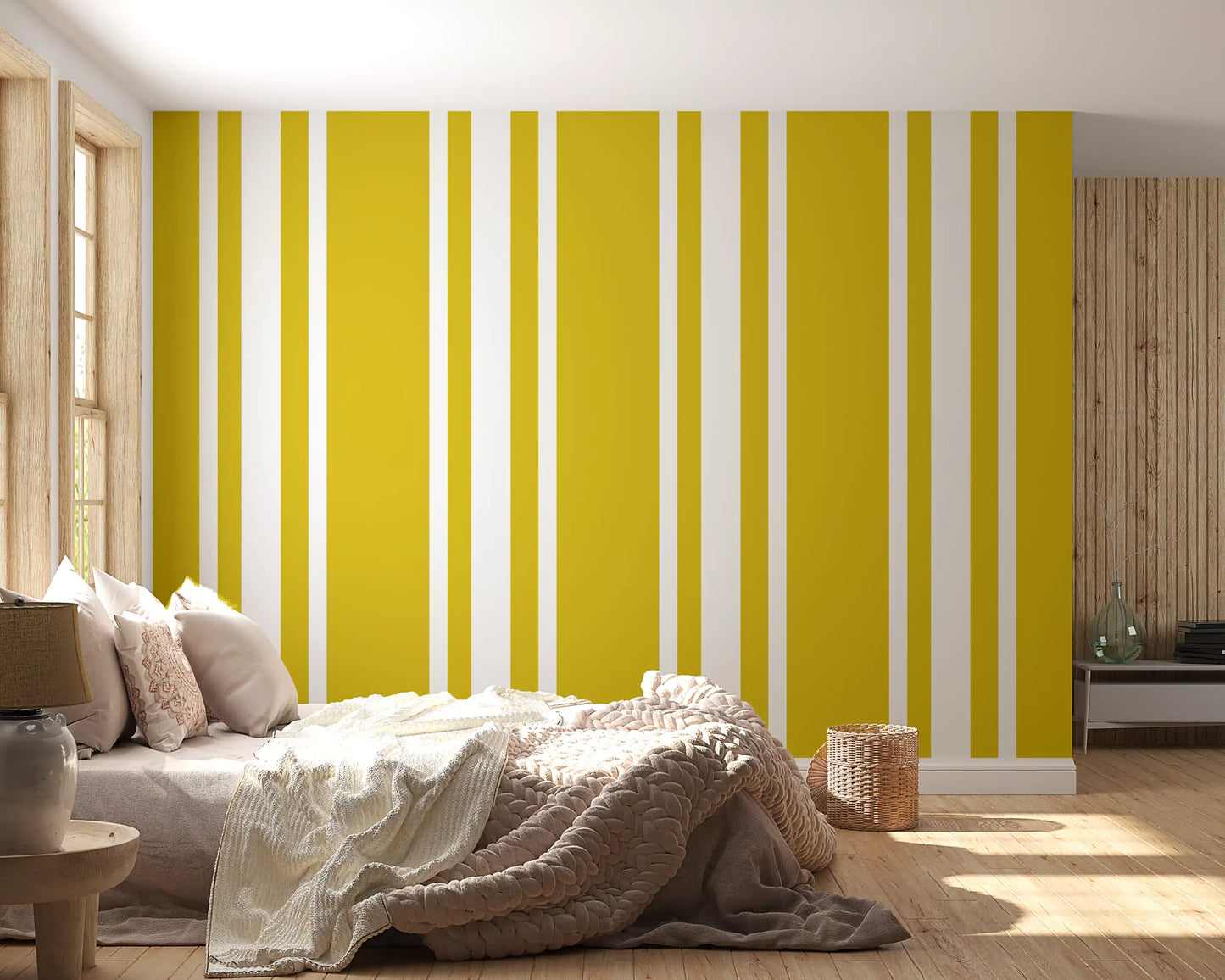Ticking Stripe Wallpaper featuring mustard colour and farmhouse rhythm