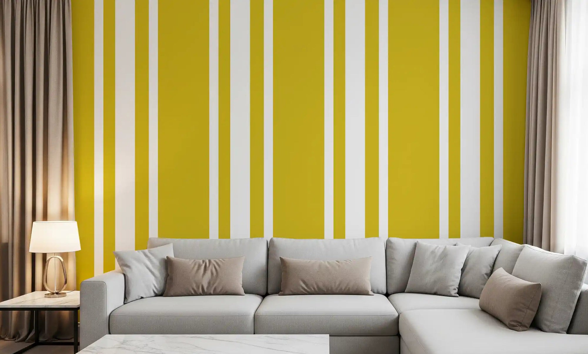 Living room with Mustard Ticking Stripe wallpaper and farmhouse bands