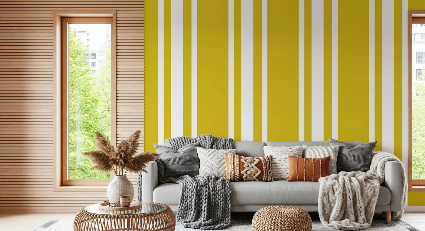 Hallway wallpaper showing Mustard Stripe lines with crisp white gaps