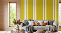 Hallway wallpaper showing Mustard Stripe lines with crisp white gaps