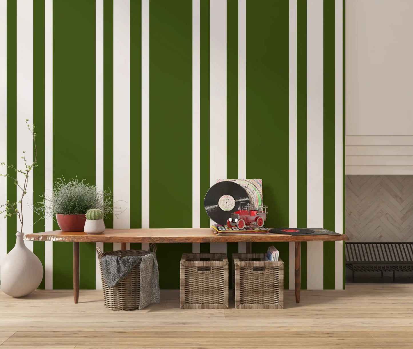 Green farmhouse wallpaper with ticking stripe rhythm and crisp spacing