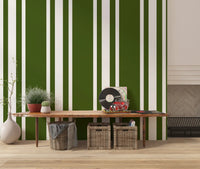 Green farmhouse wallpaper with ticking stripe rhythm and crisp spacing