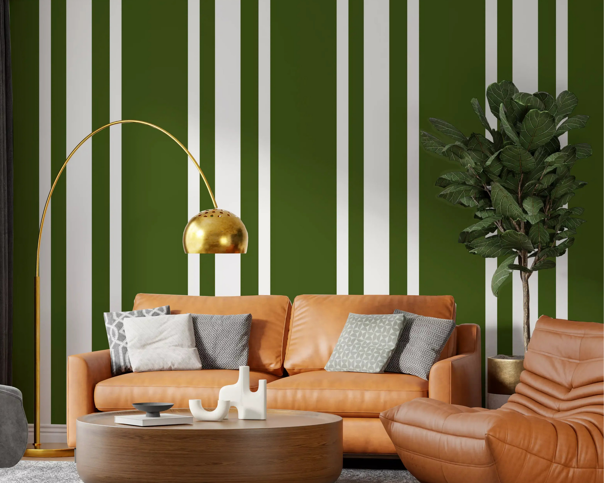 Living room with Olive Green ticking stripe wallpaper and farmhouse style