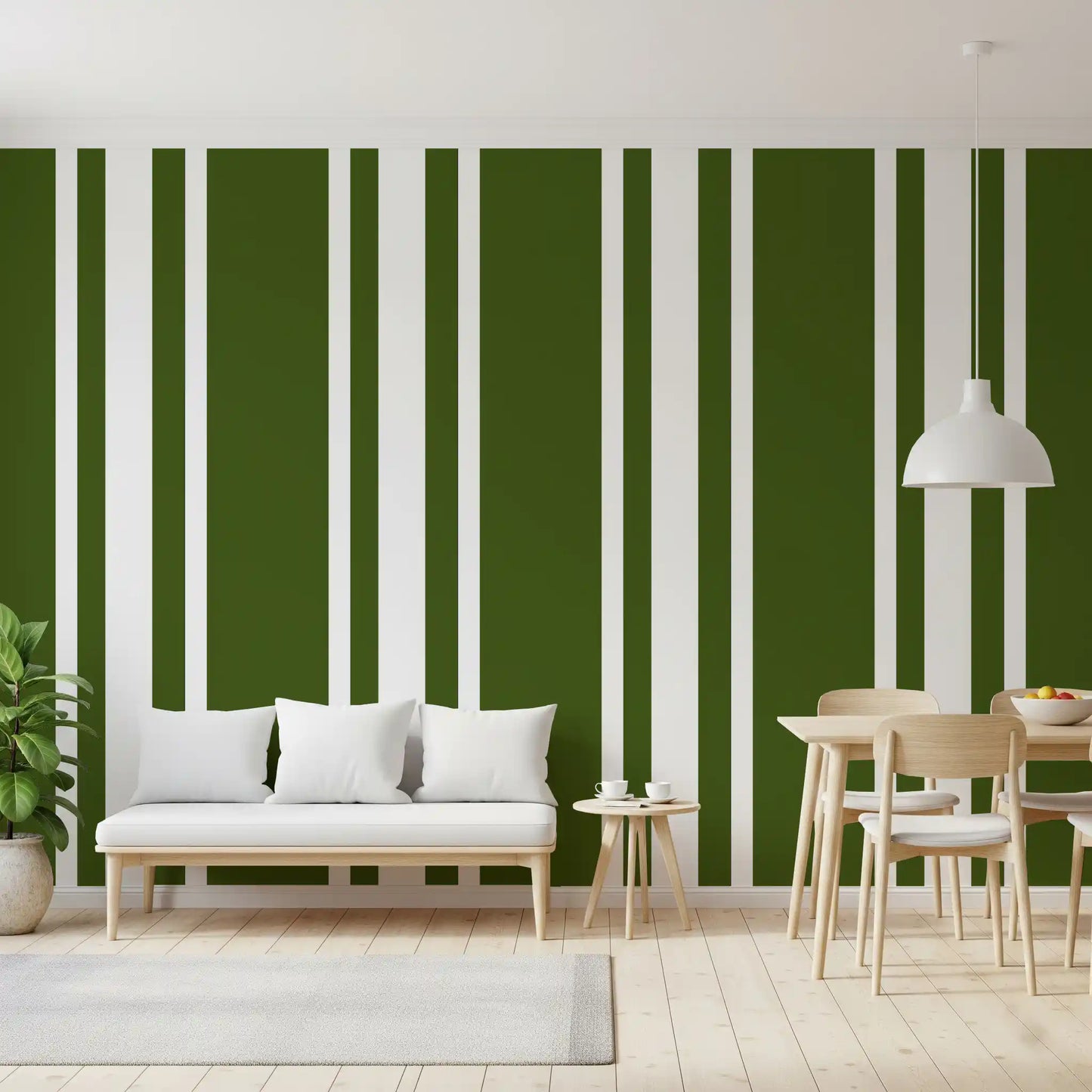 Dining room styled with Farmhouse Wallpaper and clean olive stripe detail