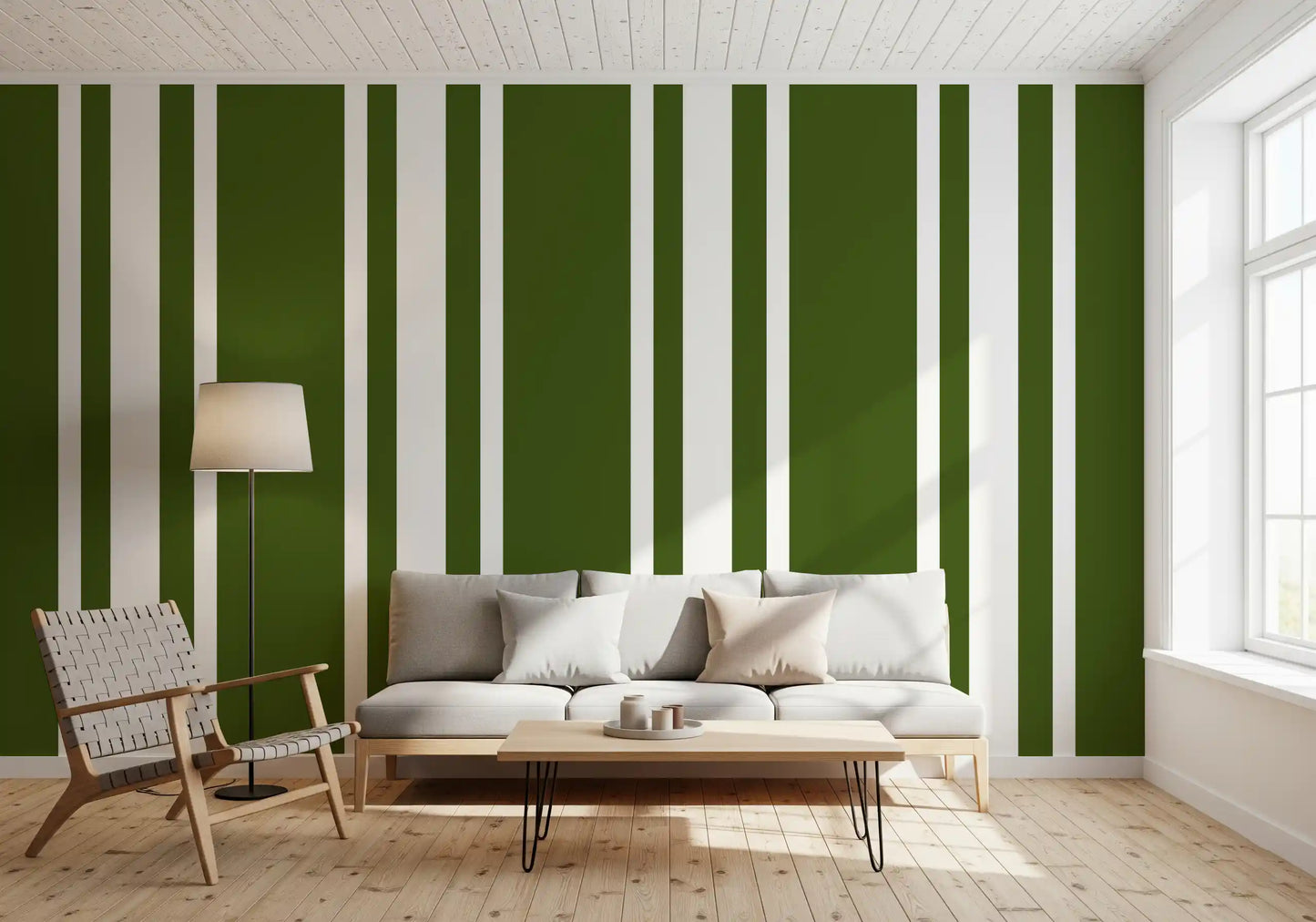 Home office area with Green Ticking Wallpaper and classic farmhouse rhythm