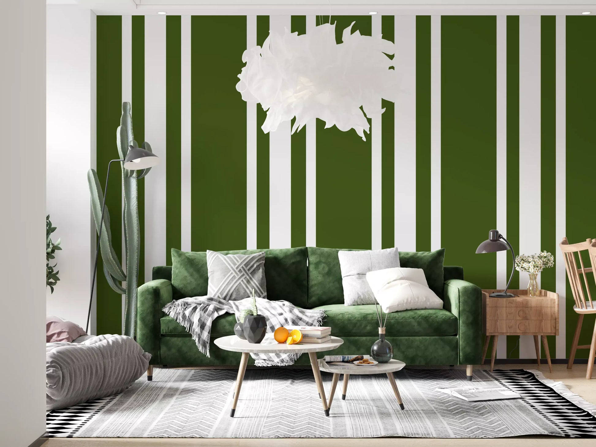 Olive Green Ticking Stripe wallpaper with balanced vertical structure