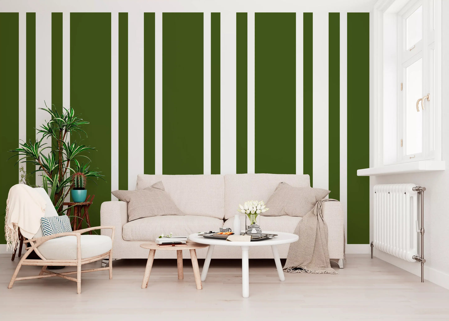 Olive Green Wallpaper showing bold vertical stripes and white contrast