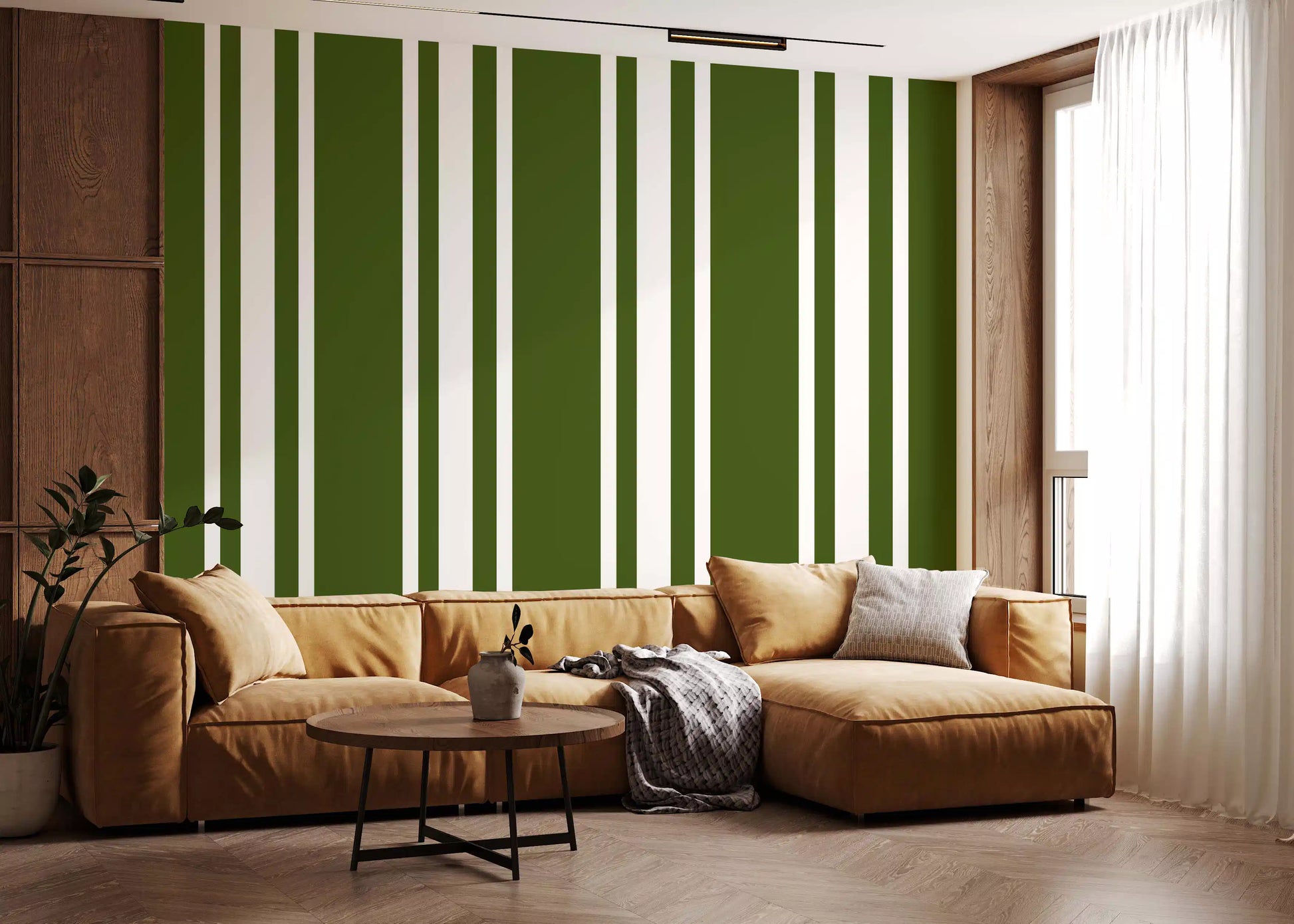 Ticking Stripe Wallpaper with deep olive green bands and clean layout