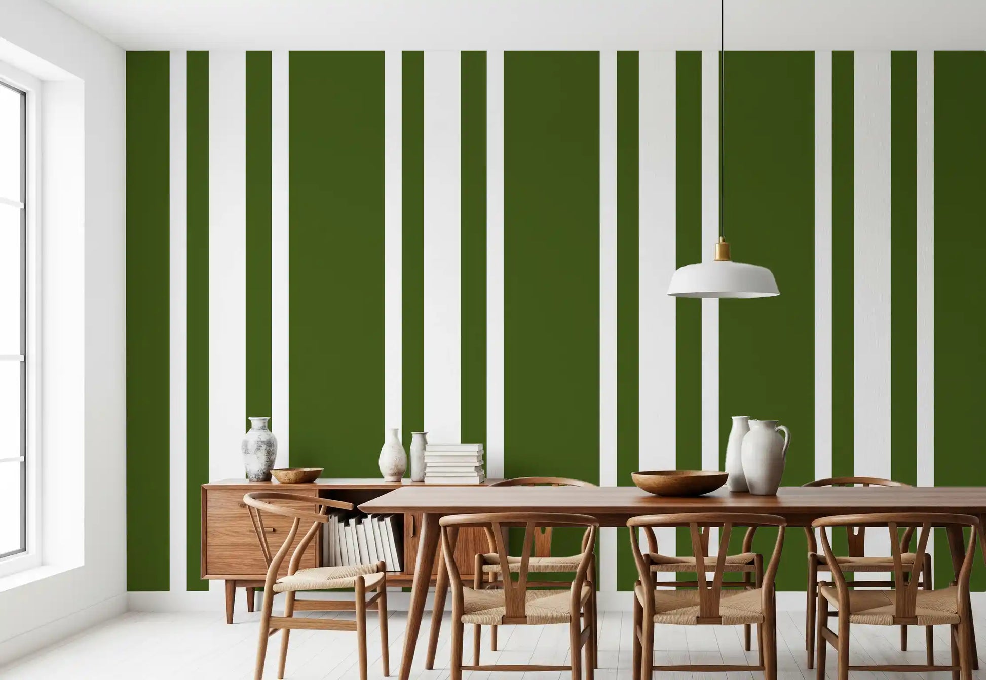 Dining room wallpaper using Olive Stripe pattern with white spacing