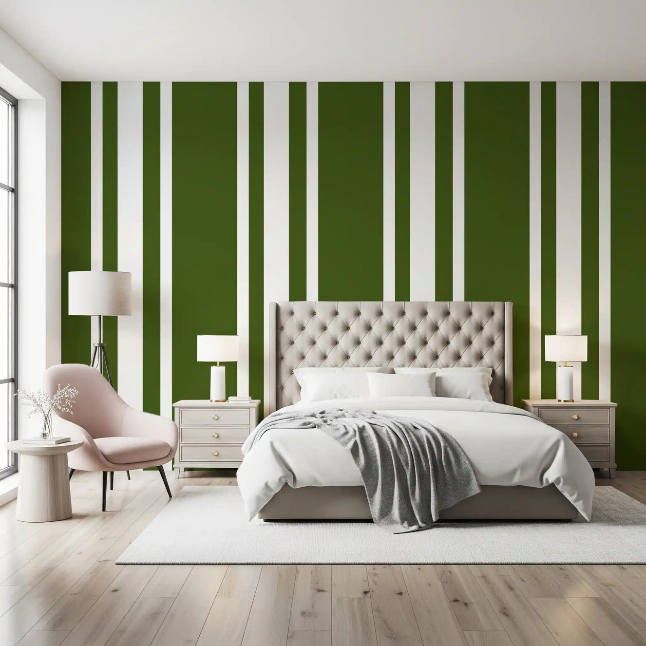 Tapet cu dungi Olive Green Ticking, tapet în stil fermă