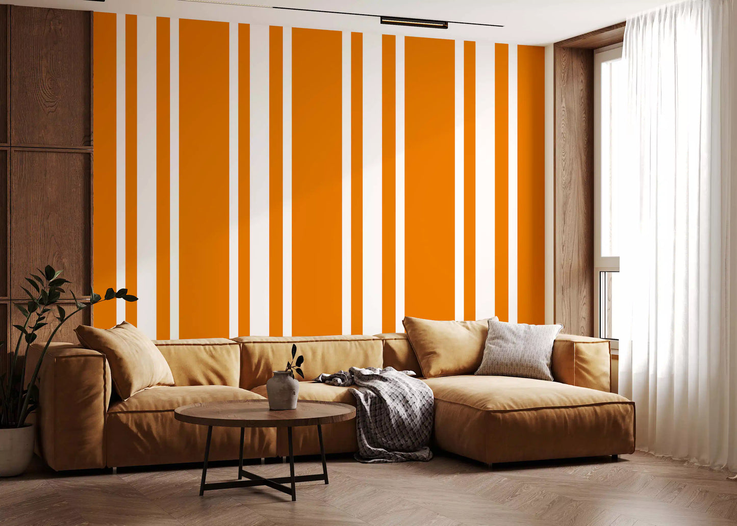 Living room wallpaper with Ticking Stripe Wallpaper and orange detailing