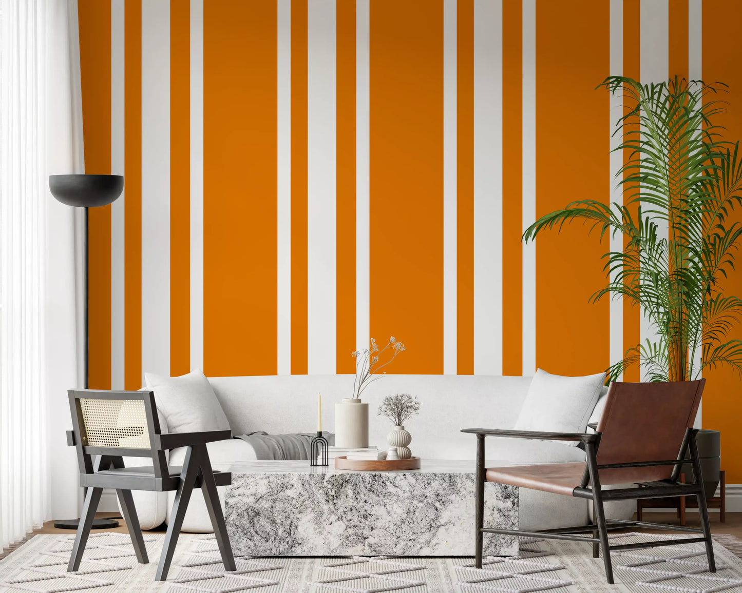 Warm retro wallpaper with Orange Ticking bands and neutral spacing