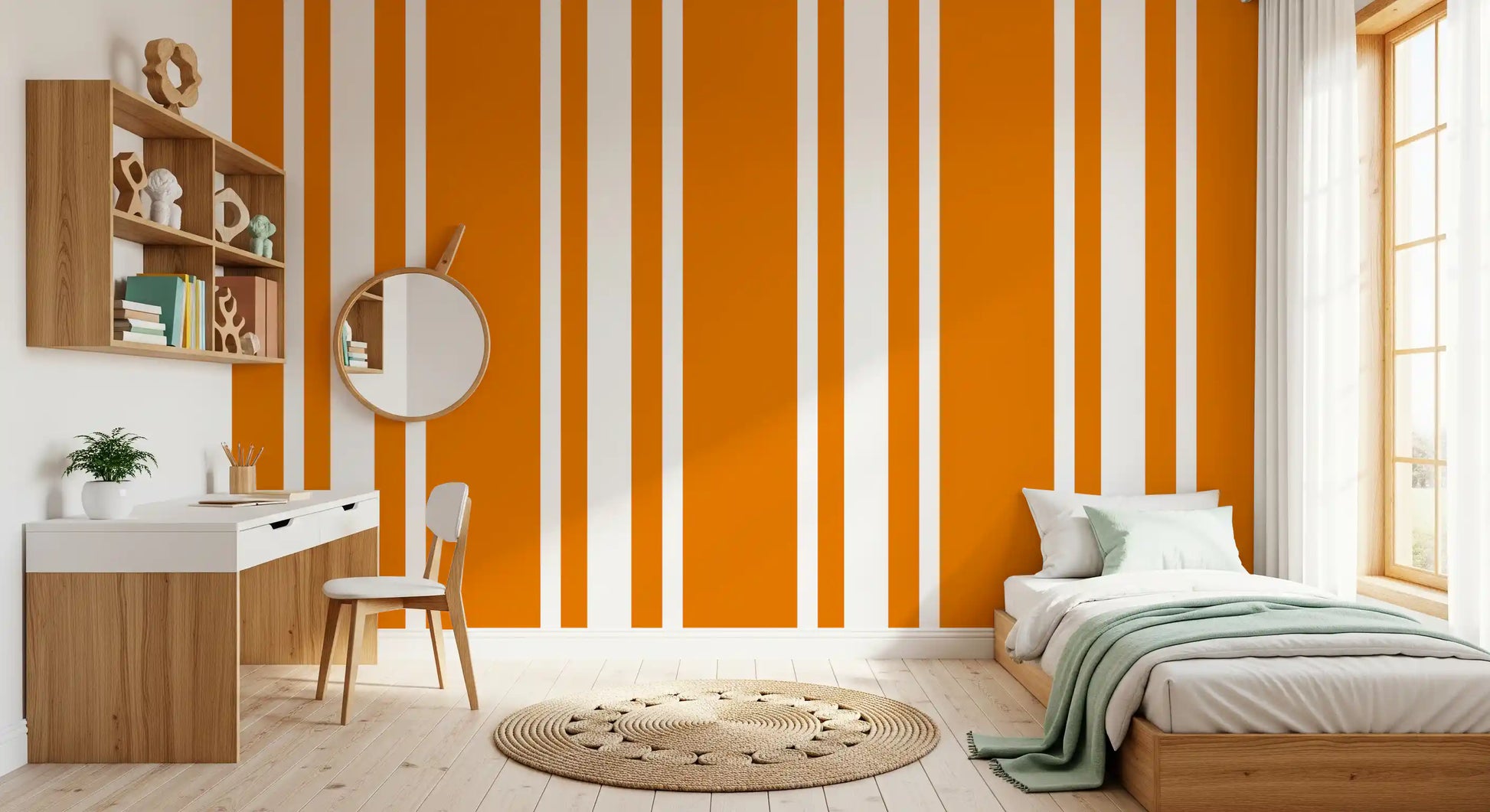 Vertical stripe wallpaper carrying orange retro pattern and clean rhythm