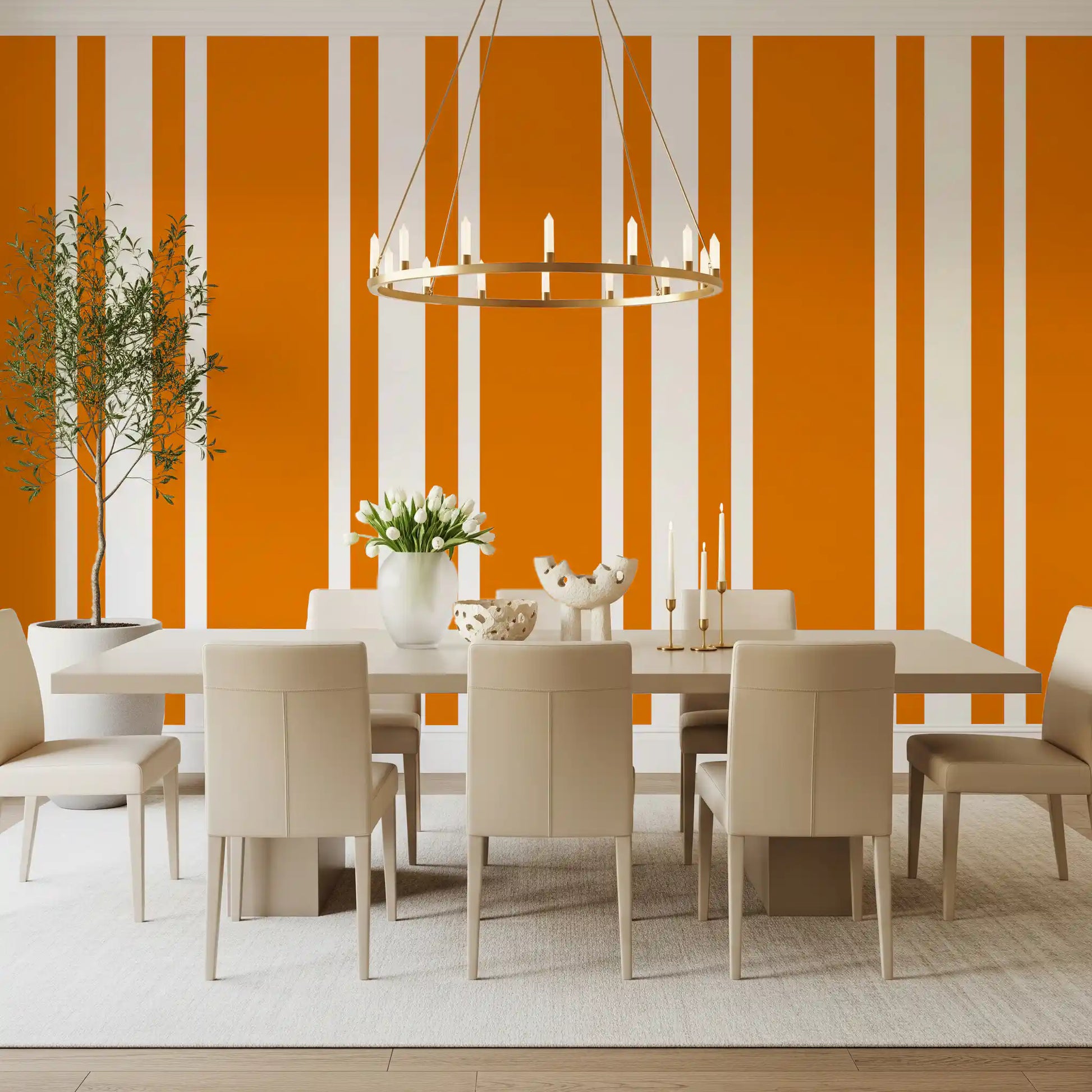 Dining room styled in Orange Retro Wallpaper with graphic vertical bands