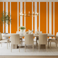 Dining room styled in Orange Retro Wallpaper with graphic vertical bands