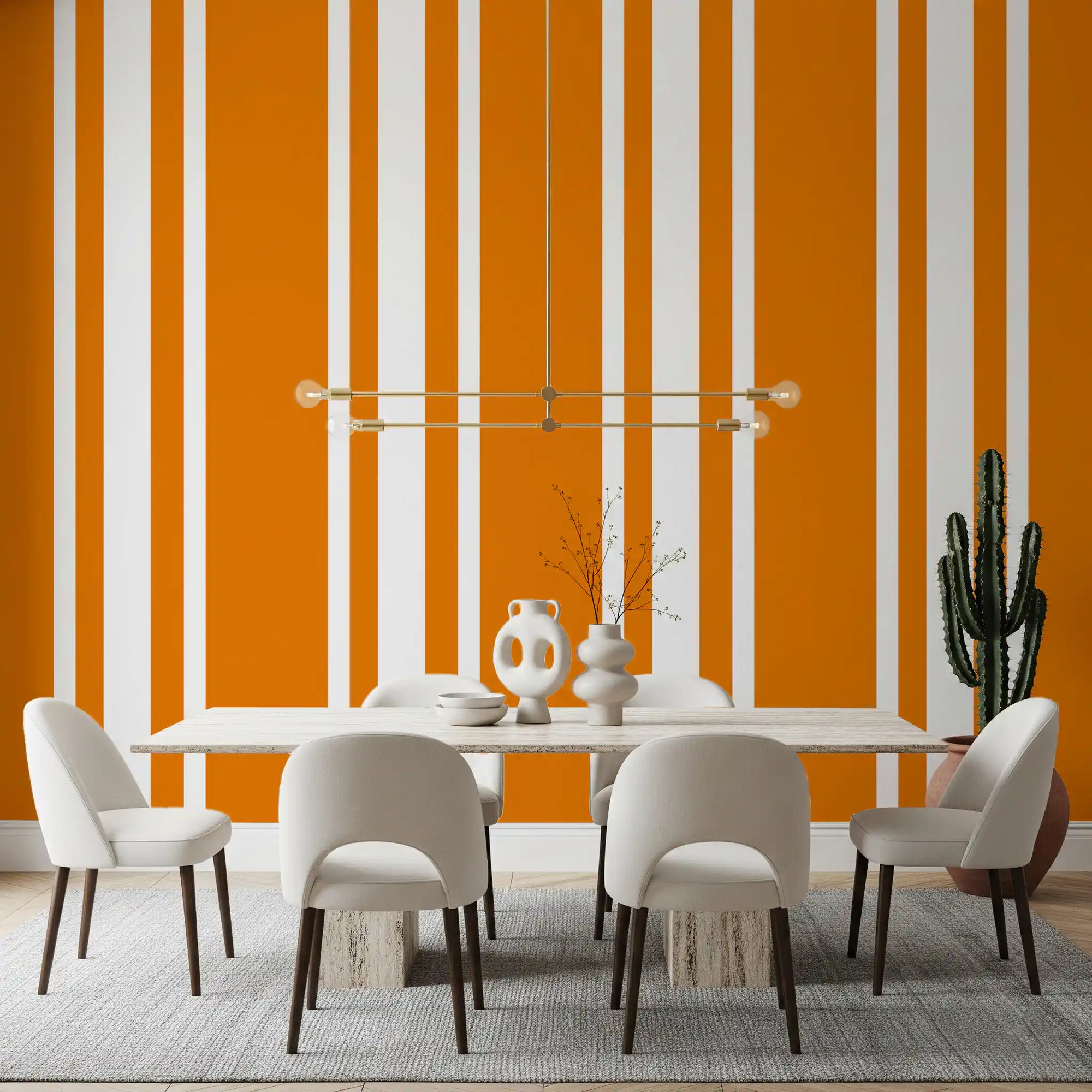 Dining room with Orange Stripe Wallpaper and retro vertical wall pattern