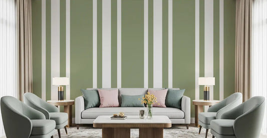 Living room wall finished with Sage Green wallpaper and Ticking Stripe flow