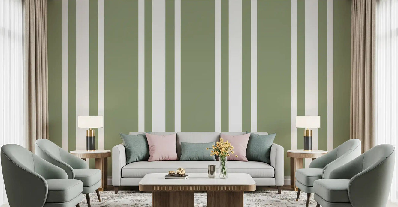 Tapet cu dungi Sage Green Ticking, tapet în stil farmhouse