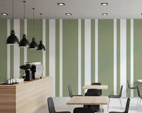 Cafe area surface carries Farmhouse Wallpaper in soft Sage Green bands