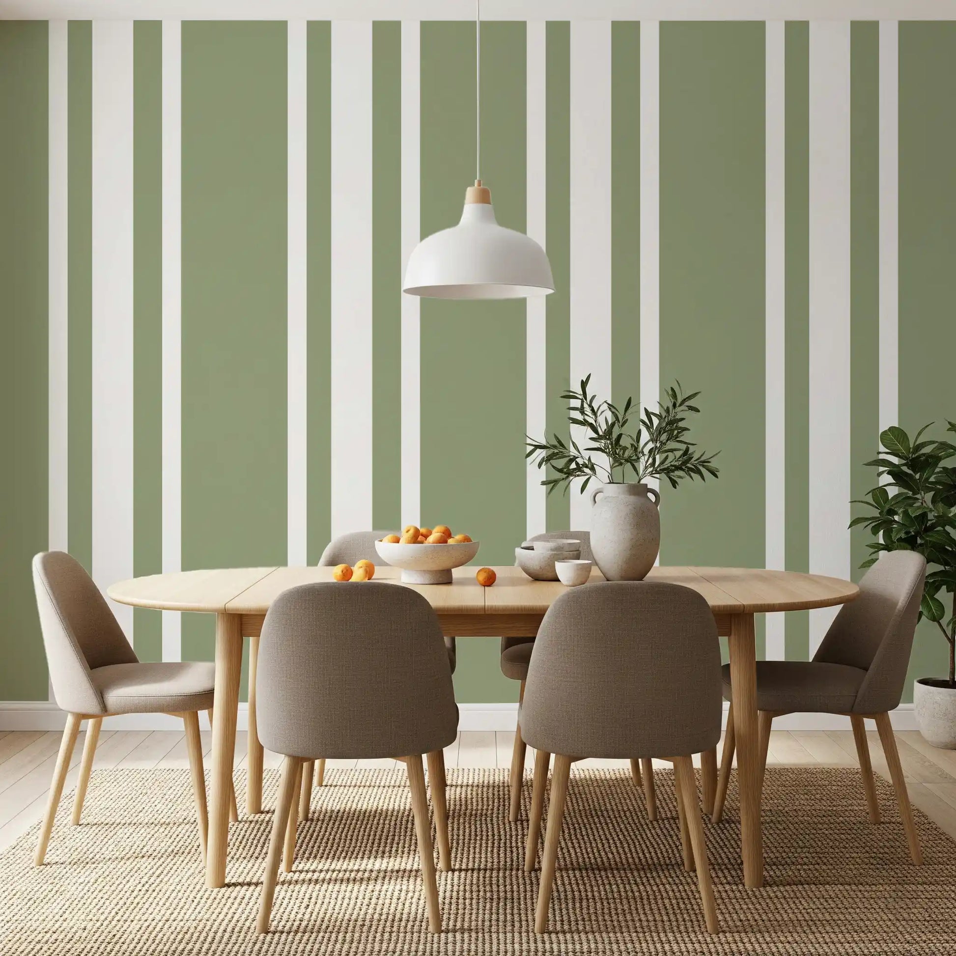 Calm Farmhouse Wallpaper displays Sage bands with clean vertical order