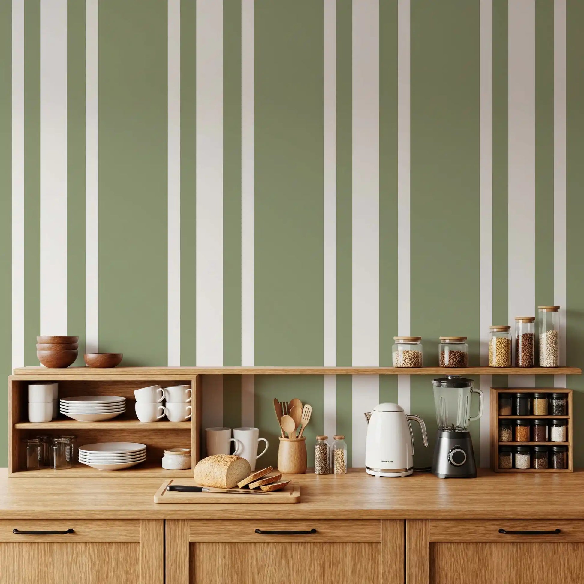 Kitchen area wallpaper brings Green Stripe pattern with Farmhouse calm