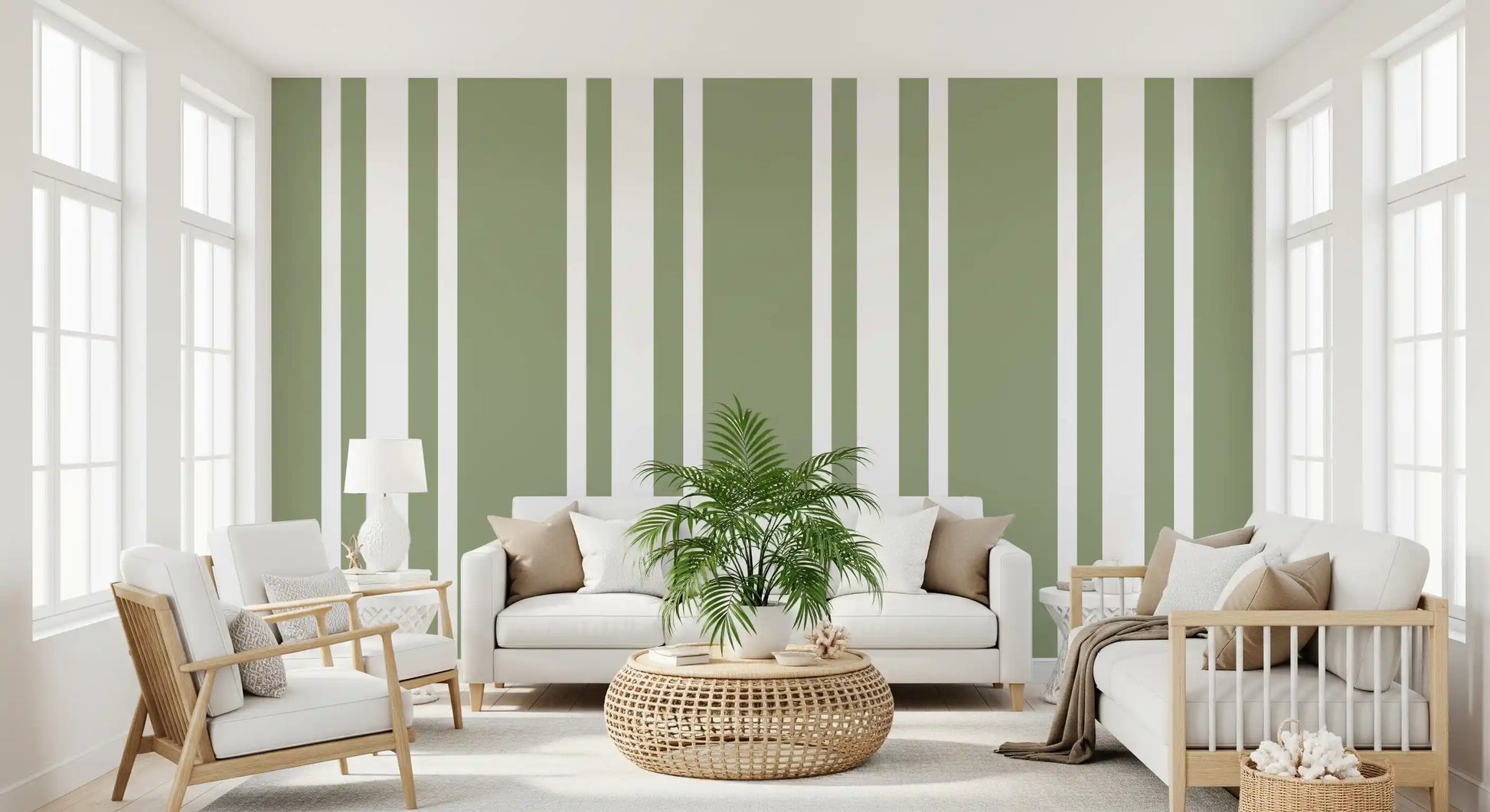 Hallway design shows crisp white gaps beside Sage Ticking linework