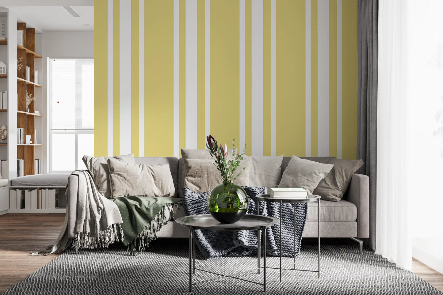 Soft yellow pattern wallpaper with narrow white breaks and ticking detail