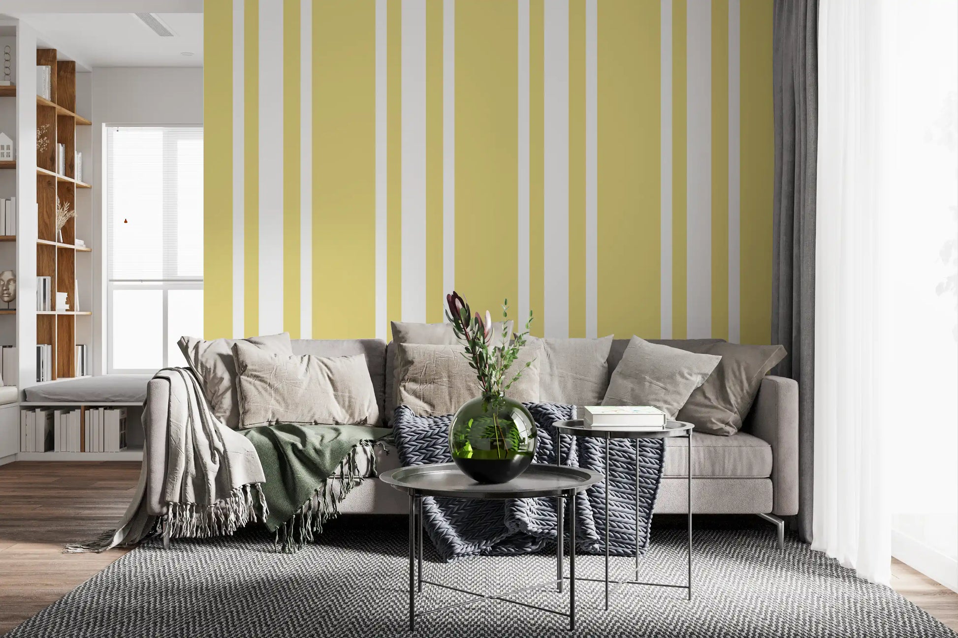 Soft yellow pattern wallpaper with narrow white breaks and ticking detail