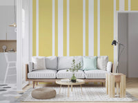 Living room with Soft Yellow ticking stripe wallpaper and white line spacing
