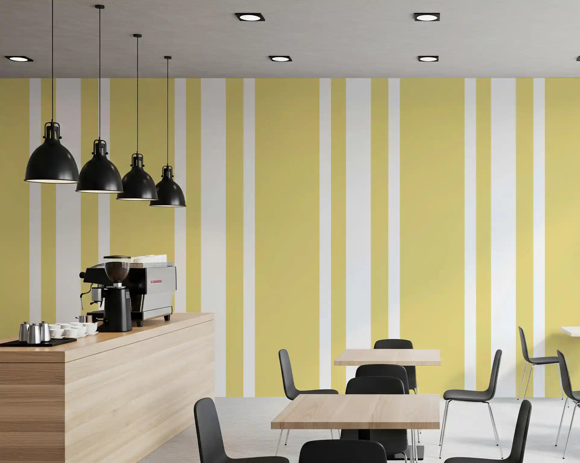 Cafe area surface shows Yellow Ticking Stripe wallpaper with clean layout