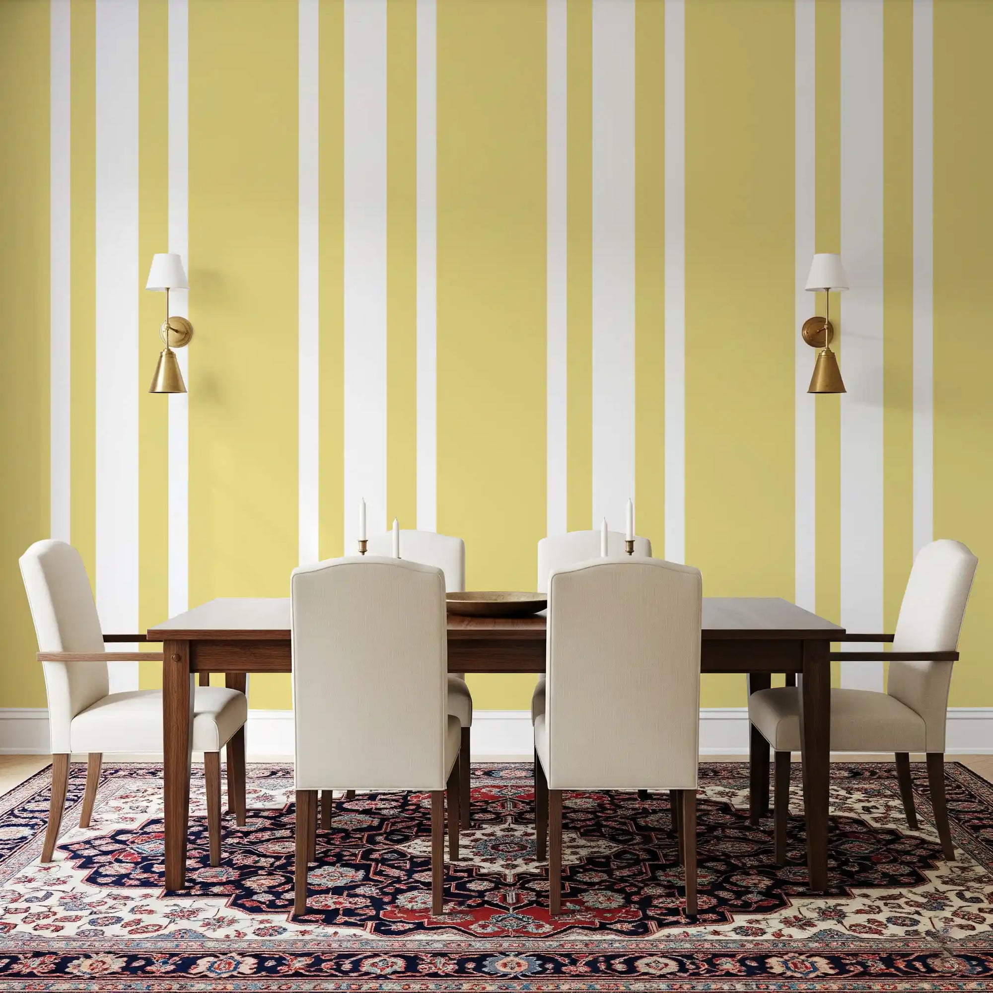 Pale yellow bands run through white wallpaper with classic farmhouse spacing