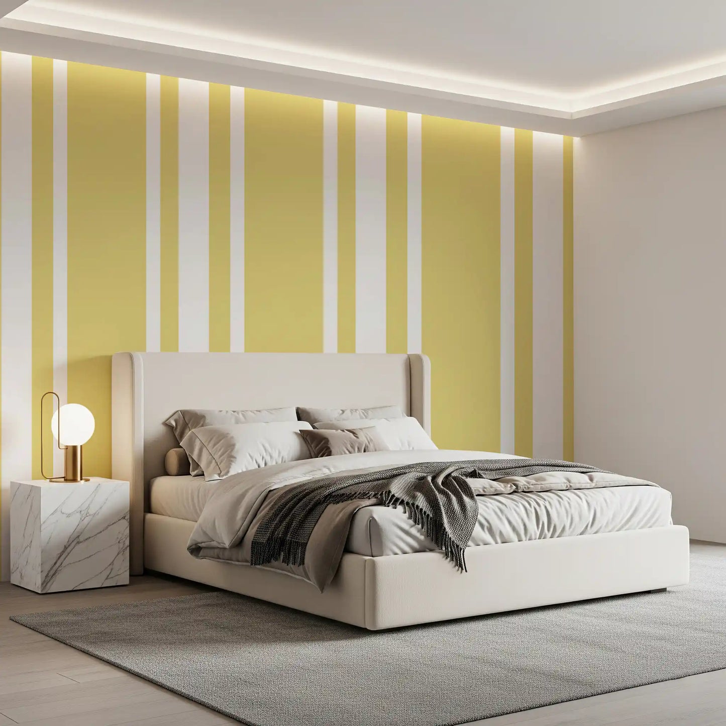 Bedroom wallpaper using Farmhouse Wallpaper style with pale yellow bands