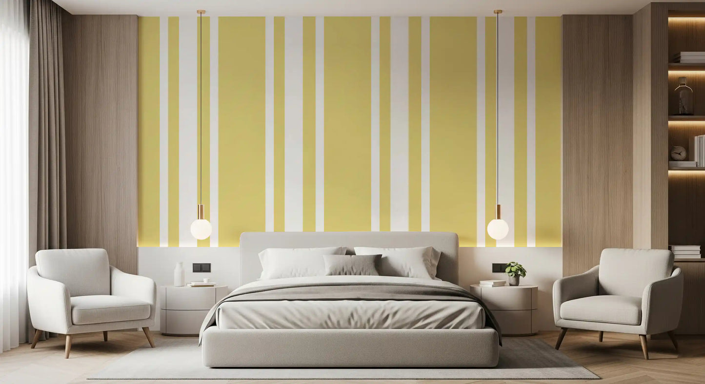 Farmhouse stripe wallpaper showing light yellow bands and bright white gaps