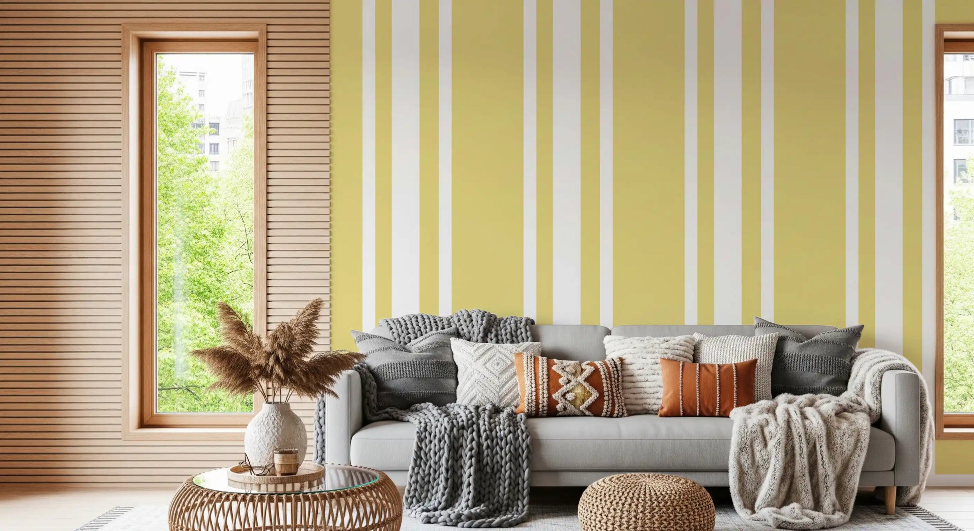 Living room styled in Soft Yellow Wallpaper with vertical stripe rhythm
