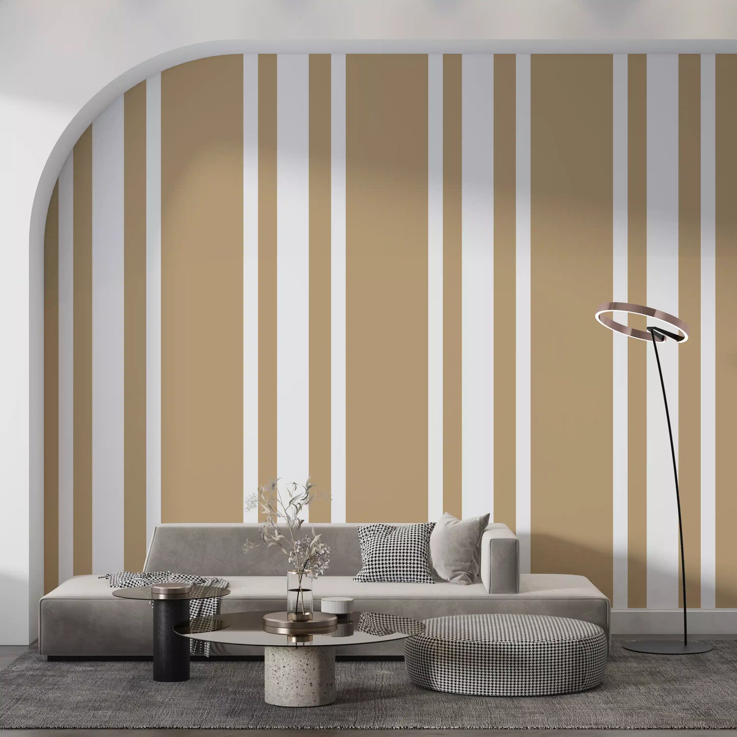 White vertical bands divide taupe wallpaper in a simple farmhouse pattern