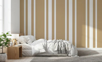 Bedroom finished in Ticking Stripe Wallpaper with farmhouse detail