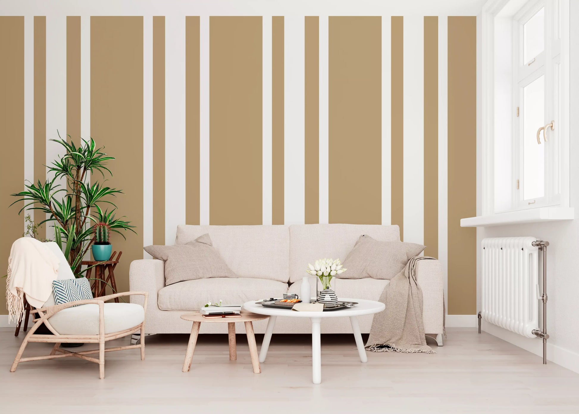Hallway wall features Taupe Wallpaper with classic neutral stripe rhythm