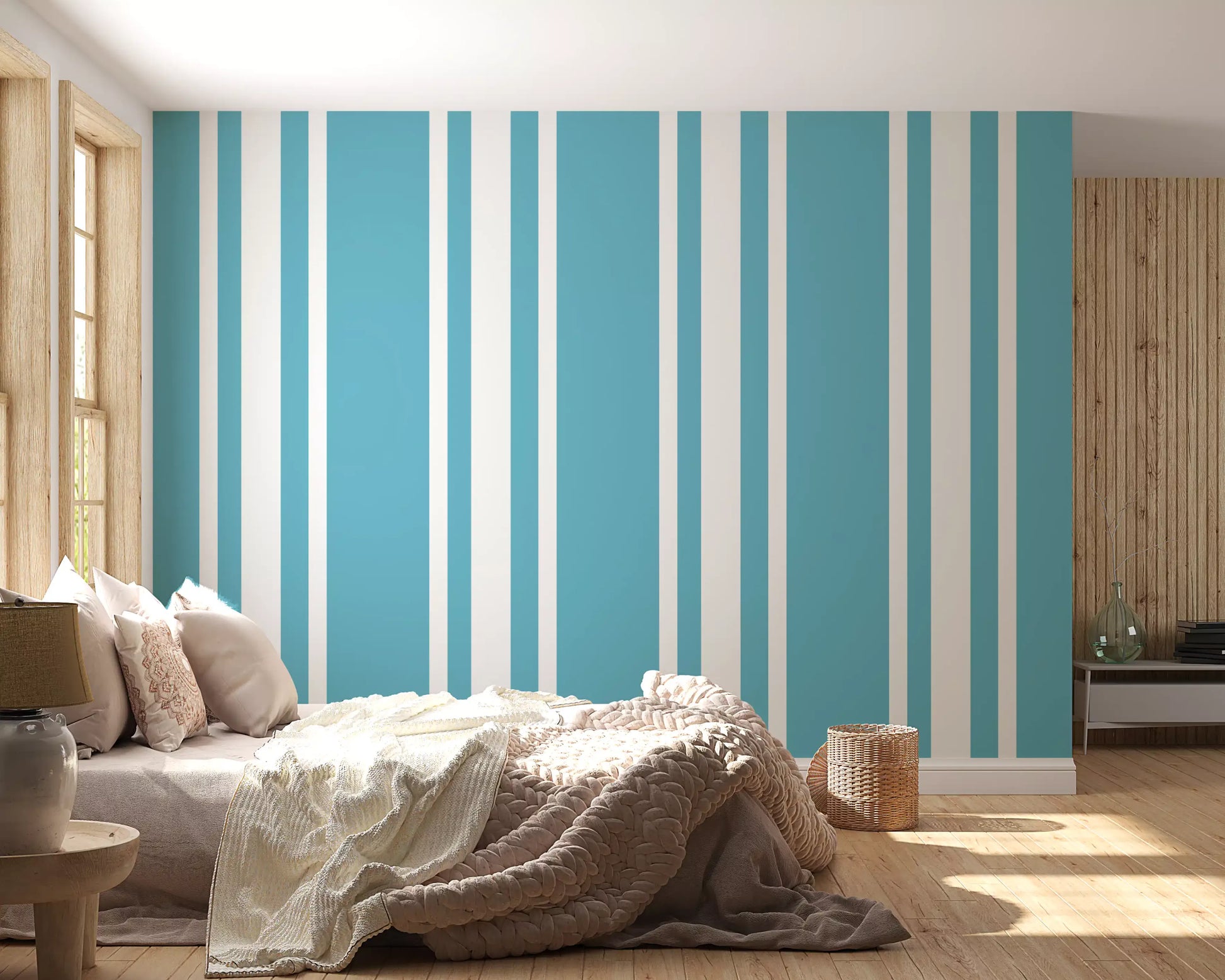 Bedroom wallpaper using Mid Century Wallpaper with ticking stripes