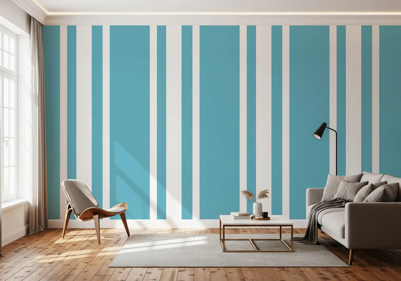 Tapet cu dungi albastre retro, tapet Mid Century