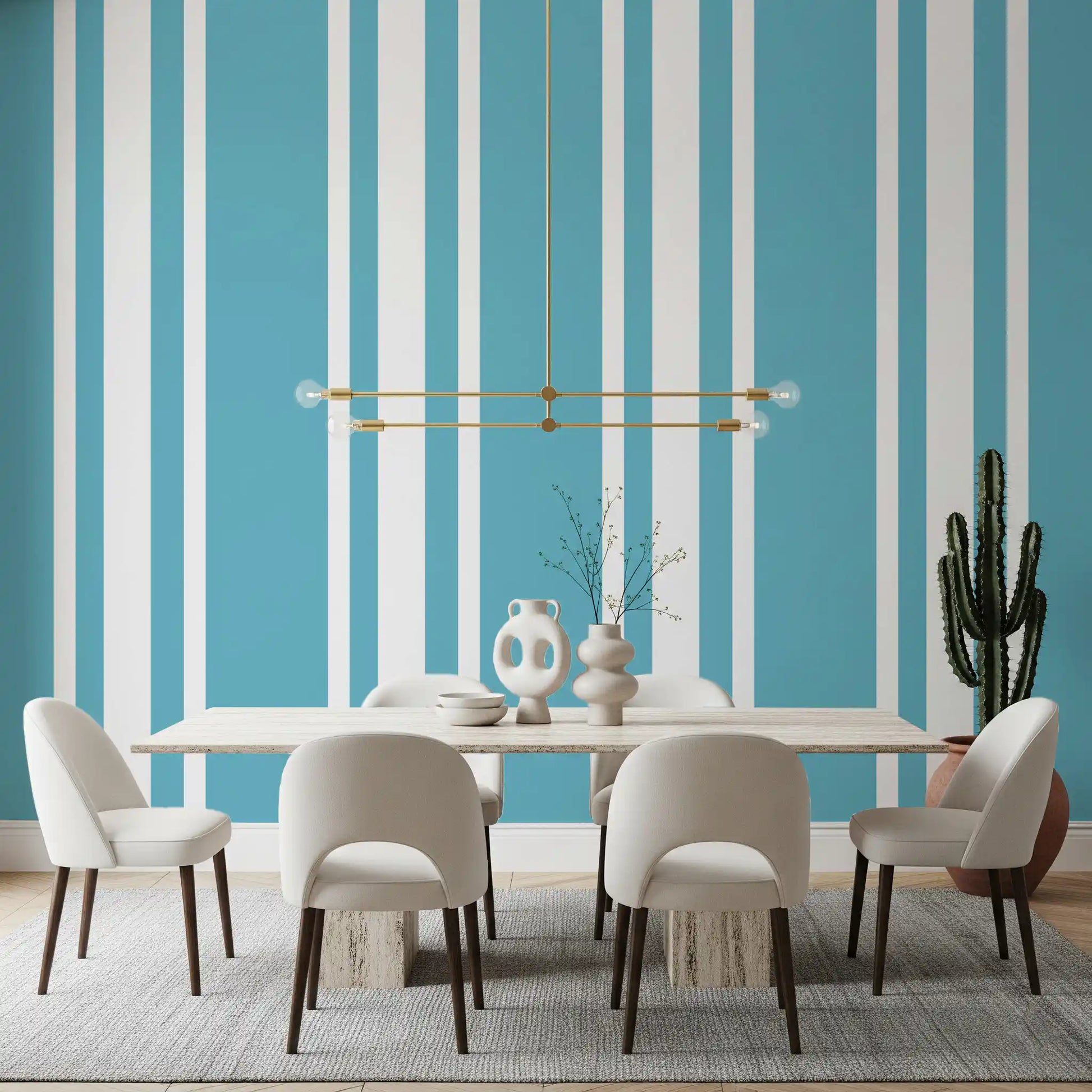 Vertical band wallpaper with Mid Century styling and cool blue colour