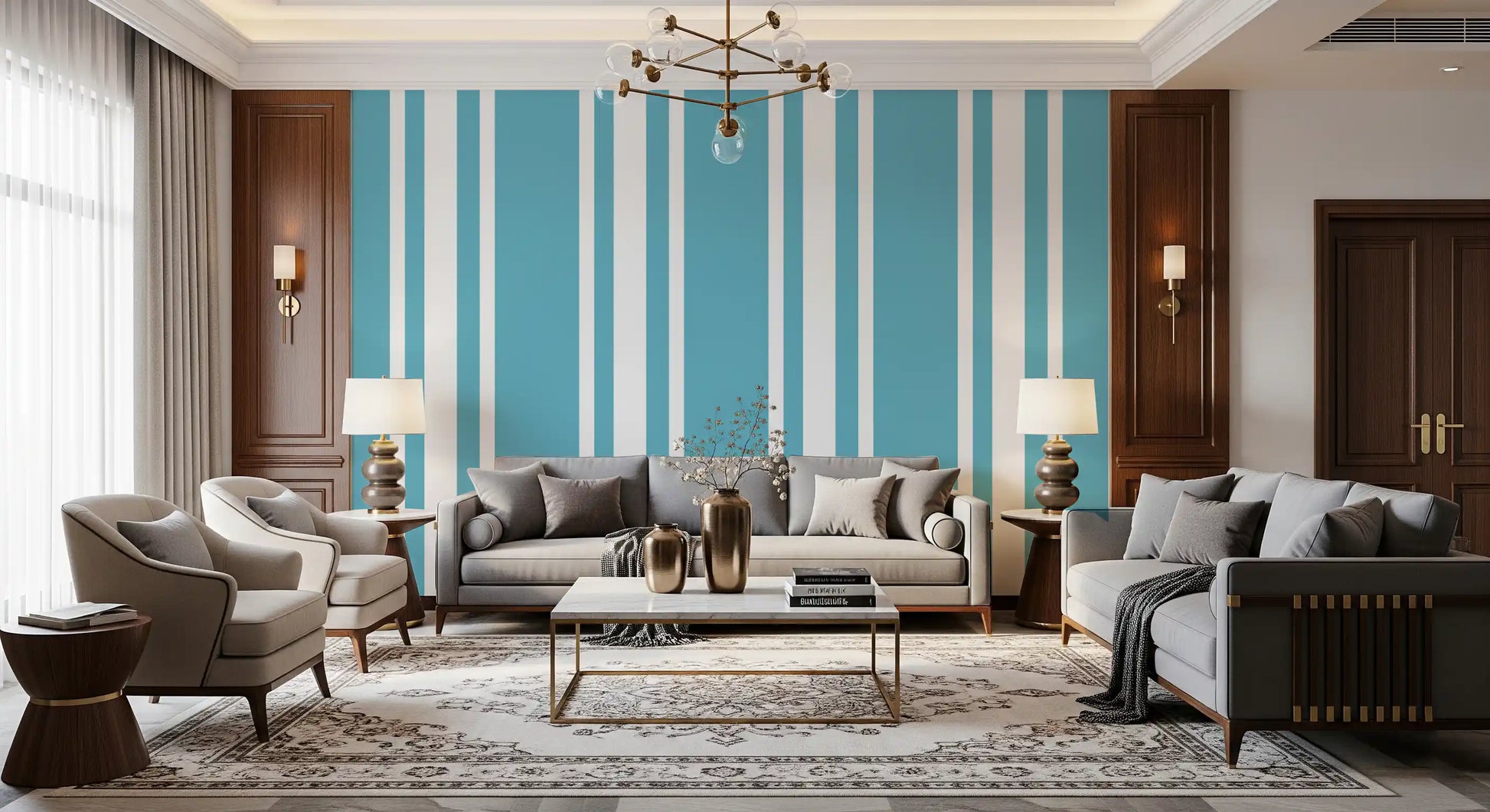 Living room wallpaper showing Mid Century blue vertical stripe pattern
