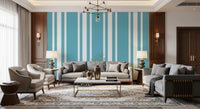 Living room wallpaper showing Mid Century blue vertical stripe pattern